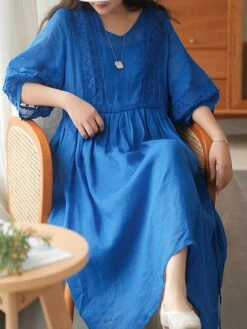 Women's Casual Dress Cotton Linen Dress Swing Dress Midi Dress Cotton Blend Basic Casual Outdoor Daily V Neck Ruched 3/4 Length Sleeve Summer Spring 2023 Loose Fit Black White Yellow Pure Color M L -Cheap Plus Fit Dress Store sfklzw1677135418631