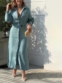 Women's Shirt Dress Casual Dress Sheath Dress Maxi Long Dress Outdoor Office Daily Polyester Fashion Modern Shirt Collar Button Long Sleeve Summer Spring Fall 2023 Loose Fit White Pink Blue Plain S M -Cheap Plus Fit Dress Store sflplc1683716778750