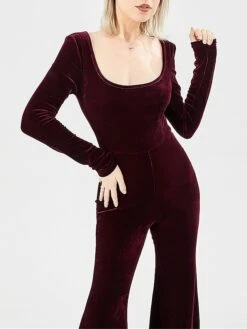 Women‘s Jumpsuit High Waist Velvet Disco Queen Wedding Solid Color U Neck Daily Regular Fit Long Sleeve Wine Navy Blue S M L Fall -Cheap Plus Fit Dress Store sfnmuq1693388140707