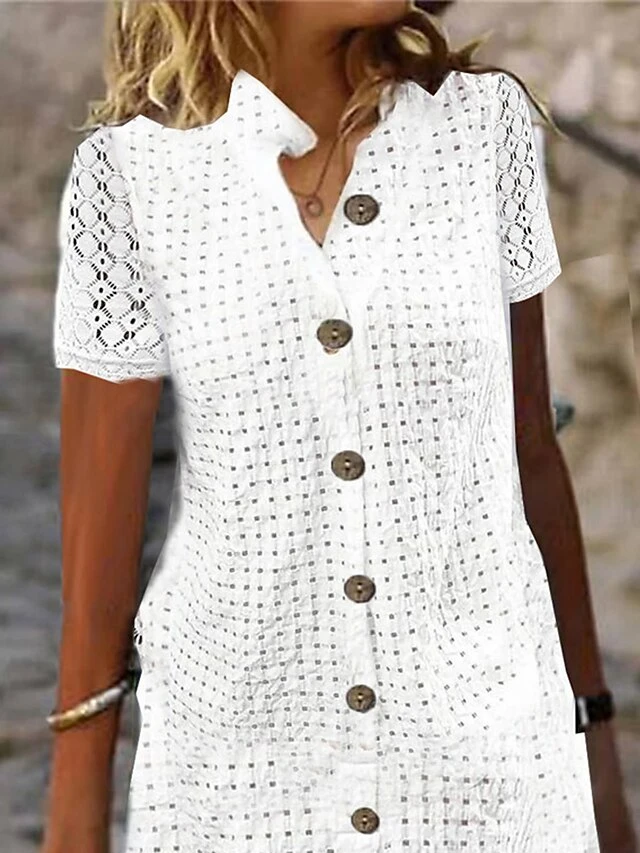 Women's Casual Dress Cotton Linen Dress Shift Dress Midi Dress Cotton Blend Modern Casual Outdoor Daily Vacation Split Neck Button Eyelet Short Sleeve Summer Spring 2023 Regular Fit White Plain S M L 2 Women's Casual Dress Cotton Linen Dress Shift Dress Midi Dress Cotton Blend Modern Casual Outdoor Daily Vacation Split Neck Button Eyelet Short Sleeve Summer Spring 2023 Regular Fit White Plain S M L - Image 2