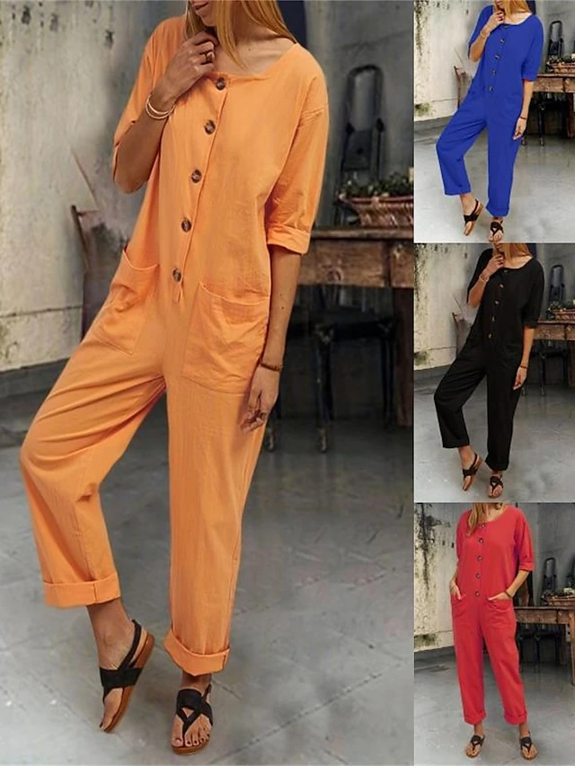 Women's Jumpsuit Button Pocket Solid Color Round Neck Streetwear Home Daily Slim Half Sleeve Black Red Blue S M L Fall 1 Women's Jumpsuit Button Pocket Solid Color Round Neck Streetwear Home Daily Slim Half Sleeve Black Red Blue S M L Fall