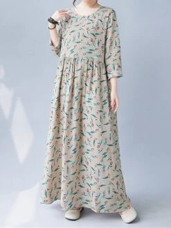 Women's Casual Dress Linen Dress Swing Dress Maxi Long Dress Linen Fashion Modern Outdoor Daily Holiday Crew Neck Print Long Sleeve Fall Winter Autumn 2023 Loose Fit Apricot Flower L XL 2XL -Cheap Plus Fit Dress Store sgaufu1693553159335
