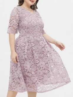Women‘s Plus Size Curve Party Dress Lace Dress Cocktail Dress Midi Dress Black Pink Wine Half Sleeve Pure Color Lace Summer Spring Fall V Neck Fashion Birthday Wedding Guest Vacation 2023 -Cheap Plus Fit Dress Store sgdopl1691564487622