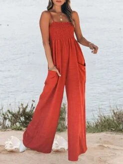 Women's Jumpsuits Casual Summer Pocket Red Solid Color Square Neck Streetwear Holiday Going Out Regular Fit Strap Black White S M L
