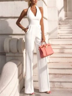 Jumpsuits For Women Summer Dressy Clean Fit Backless Pocket Solid Color Halter Streetwear Party Cocktail Party Regular Fit Sleeveless White S M L Spring Fall