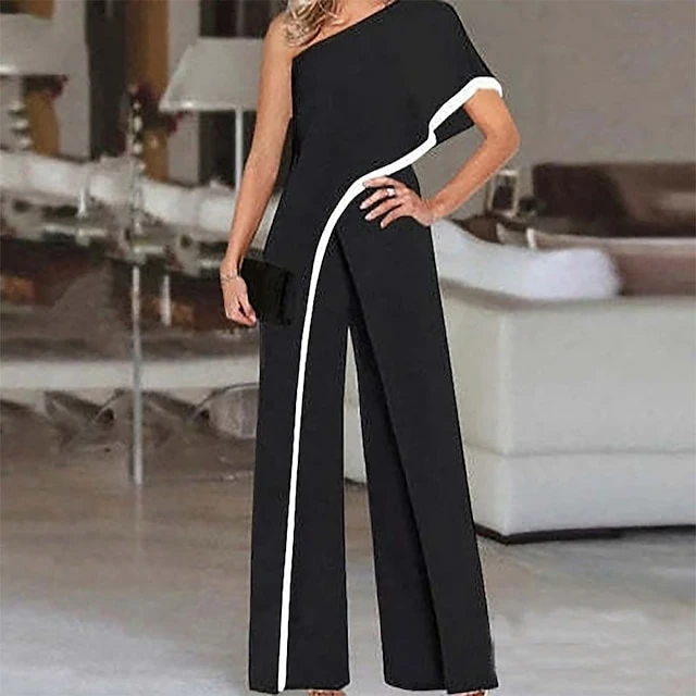 Jumpsuits For Women Summer Dressy Color Block One Sleeve Shoulder Elegant Party Prom Straight Regular Fit Short Sleeve Black S M L Spring Fall 3 Jumpsuits For Women Summer Dressy Color Block One Sleeve Shoulder Elegant Party Prom Straight Regular Fit Short Sleeve Black S M L Spring Fall - Image 3