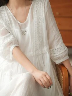 Women's Casual Dress Cotton Linen Dress Swing Dress Midi Dress Cotton Blend Basic Casual Outdoor Daily V Neck Ruched 3/4 Length Sleeve Summer Spring 2023 Loose Fit Black White Yellow Pure Color M L -Cheap Plus Fit Dress Store shlmci1677135412890