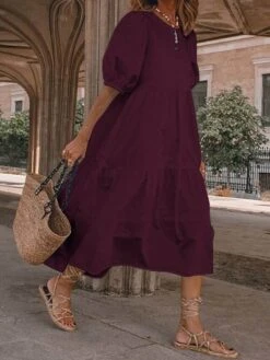 Women‘s Plus Size Curve Holiday Dress Solid Color Crew Neck Half Sleeve Fall Spring Casual Boho Maxi Long Dress Daily Vacation Dress Cotton -Cheap Plus Fit Dress Store shomoj1621240348680
