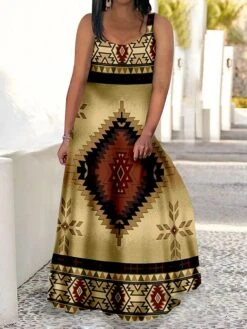 Women‘s Plus Size Curve Casual Dress Swing Dress Strap Dress Graphic Color Block Long Dress Maxi Dress Sleeveless Print Strap Romantic Daily Yellow Brown Summer Spring L XL XXL 3XL 4XL -Cheap Plus Fit Dress Store sijrkp1679394234825