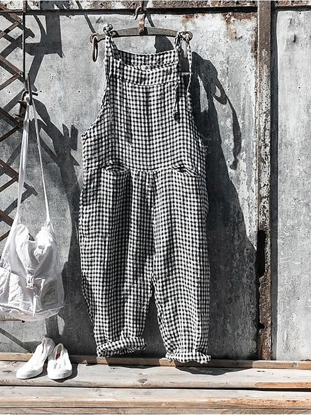 Women's Overall Pocket Print Plaid V Neck Streetwear Street Daily Regular Fit Sleeveless Black White Yellow S M L Summer 8 Women's Overall Pocket Print Plaid V Neck Streetwear Street Daily Regular Fit Sleeveless Black White Yellow S M L Summer - Image 8