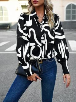 Women's Black White Red Flower Print Long Sleeve Work Romantic Boat Neck Form Fit Portrait Fleece Lined Bell Sleeve Fall & Winter