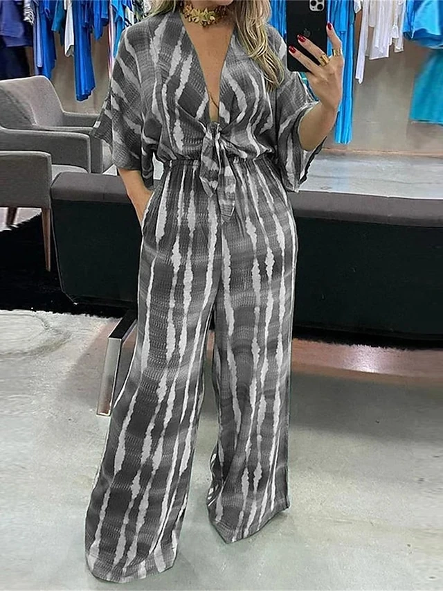 Women's Jumpsuits Casual Summer Lace Up Pocket Striped V Neck Streetwear Street Daily Regular Fit 3/4 Length Sleeve Green Gray S M L 4 Women's Jumpsuits Casual Summer Lace Up Pocket Striped V Neck Streetwear Street Daily Regular Fit 3/4 Length Sleeve Green Gray S M L - Image 4