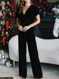 Women's Jumpsuit Lace Up High Waist Solid Color Round Neck Active Christmas Daily Regular Fit Short Sleeve Black Wine Green S M L Fall -Cheap Plus Fit Dress Store sjnpth1697679529846