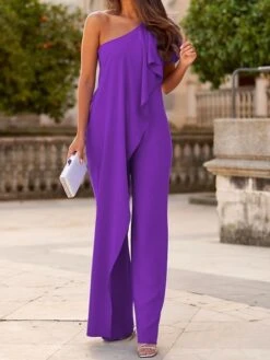 Women's Jumpsuit Ruffle High Waist Solid Color One Shoulder Business Office Work Elegant Regular Fit Half Sleeve Pink Purple Fuchsia S M L Summer