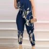 Women's Jumpsuit Ruffle High Waist Floral One Shoulder Business Office Work Regular Fit Half Sleeve Black Red Blue S M L Summer