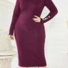 Women's Plus Size Curve Casual Dress Sweater Dress Bodycon Plain Midi Dress Long Sleeve Button Turtleneck Fashion Outdoor Wine Dark Blue Fall Winter XL XXL 3XL 4XL 5XL