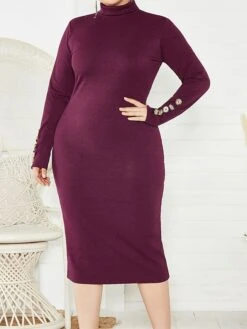 Women's Plus Size Curve Casual Dress Sweater Dress Bodycon Plain Midi Dress Long Sleeve Button Turtleneck Fashion Outdoor Wine Dark Blue Fall Winter XL XXL 3XL 4XL 5XL