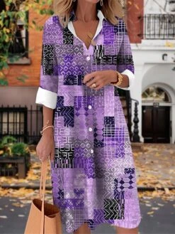 Women's Shirt Dress Casual Dress Midi Dress Outdoor Daily Date Polyester Fashion Modern Shirt Collar Button Pocket Long Sleeve Fall Winter 2023 Loose Fit Yellow Pink Blue Geometric Color Block Tribal -Cheap Plus Fit Dress Store slchuo1697510548594