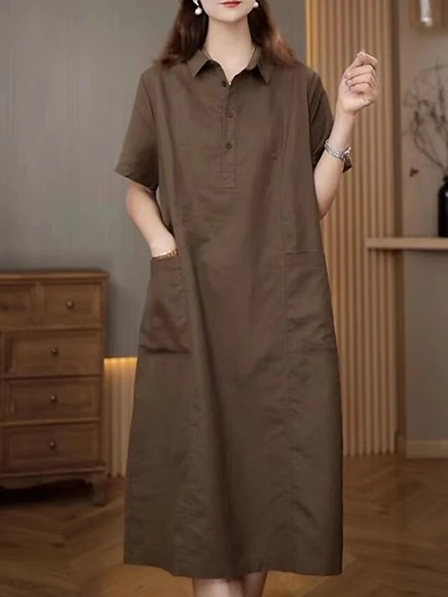 Women's Casual Dress Cotton Linen Dress Midi Dress Polyester Casual Daily Casual Outdoor Home Holiday Shirt Collar Pocket Short Sleeve Summer Spring 2023 Loose Fit Navy Blue Purple Brown Plain M L XL 5 Women's Casual Dress Cotton Linen Dress Midi Dress Polyester Casual Daily Casual Outdoor Home Holiday Shirt Collar Pocket Short Sleeve Summer Spring 2023 Loose Fit Navy Blue Purple Brown Plain M L XL - Image 5