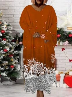 Women‘s Plus Size Christmas Dress Print V Neck Long Sleeve Winter Fall Modern Maxi Long Dress Daily Dress -Cheap Plus Fit Dress Store sllcce1668158943771