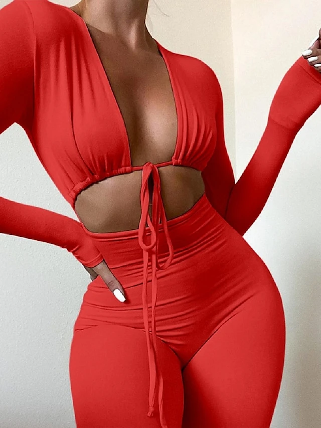 Women's Catsuit Solid Color Deep V Sexy Bar Straight Bodycon Long Sleeve Black White Red S M L Fall 2 Women's Catsuit Solid Color Deep V Sexy Bar Straight Bodycon Long Sleeve Black White Red S M L Fall - Image 2