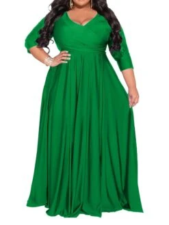 Women‘s Plus Size Curve Party Dress Pure Color V Neck 3/4 Length Sleeve Fall Spring Elegant Maxi Long Dress Party Evening Party Dress -Cheap Plus Fit Dress Store slwffu1672020375400