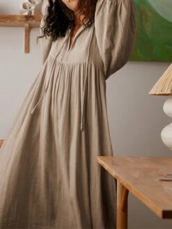 Women's Shirt Dress Casual Dress Midi Dress Outdoor Daily Date Cotton Basic Classic V Neck Ruched Long Sleeve Fall Winter 2023 Loose Fit Black Green Apricot Pure Color S M L XL -Cheap Plus Fit Dress Store slwgfp1695096323025