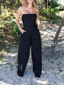 Women's Jumpsuit Pocket Solid Color Strapless Streetwear Daily Vacation Regular Fit Sleeveless Black S M L Summer -Cheap Plus Fit Dress Store smejgh1678258864593