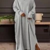 Women‘s Plus Size Casual Dress Caftan Dress Solid Color V Neck Long Sleeve Winter Fall Basic Casual Maxi Long Dress Daily Vacation Dress