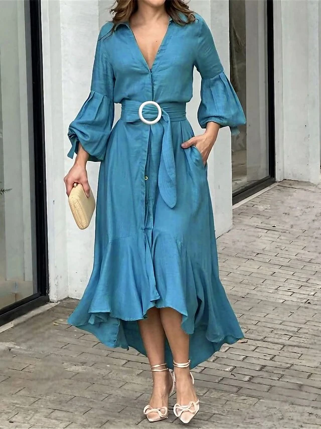 Women's Shirt Dress Casual Dress Swing Dress Maxi Long Dress Outdoor Office Daily Polyester Fashion Elegant Shirt Collar Ruffle Button 3/4 Length Sleeve Summer Spring Fall 2023 Loose Fit Blue Green 1 Women's Shirt Dress Casual Dress Swing Dress Maxi Long Dress Outdoor Office Daily Polyester Fashion Elegant Shirt Collar Ruffle Button 3/4 Length Sleeve Summer Spring Fall 2023 Loose Fit Blue Green