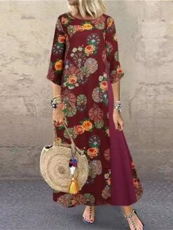 Women's Casual Dress Cotton Dress Black Dress Maxi Long Dress Cotton Blend Basic Modern Outdoor Daily Vacation Crew Neck Print Half Sleeve Summer Spring 2023 Loose Fit Black Yellow Red Flower M L XL -Cheap Plus Fit Dress Store smpmho1683796337147