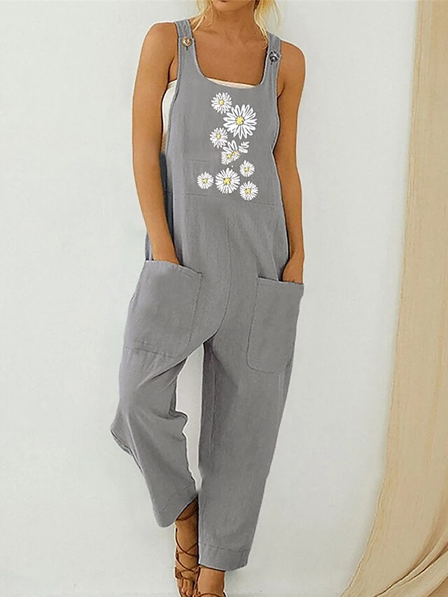 Women's Overall Button Pocket Floral U Neck Streetwear Daily Vacation Regular Fit Sleeveless Blue Green Gray S M L Spring 2 Women's Overall Button Pocket Floral U Neck Streetwear Daily Vacation Regular Fit Sleeveless Blue Green Gray S M L Spring - Image 2