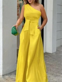 Women's Jumpsuit For Special Occasions Pocket High Waist Solid Color One Shoulder Streetwear Party Office Regular Fit Sleeveless Black Yellow Red S M L Summer