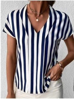 Women's Shirt Blouse Black Blue Green Striped Print Short Sleeve Casual Basic V Neck Regular Fit -Cheap Plus Fit Dress Store snvwmx1687343231372