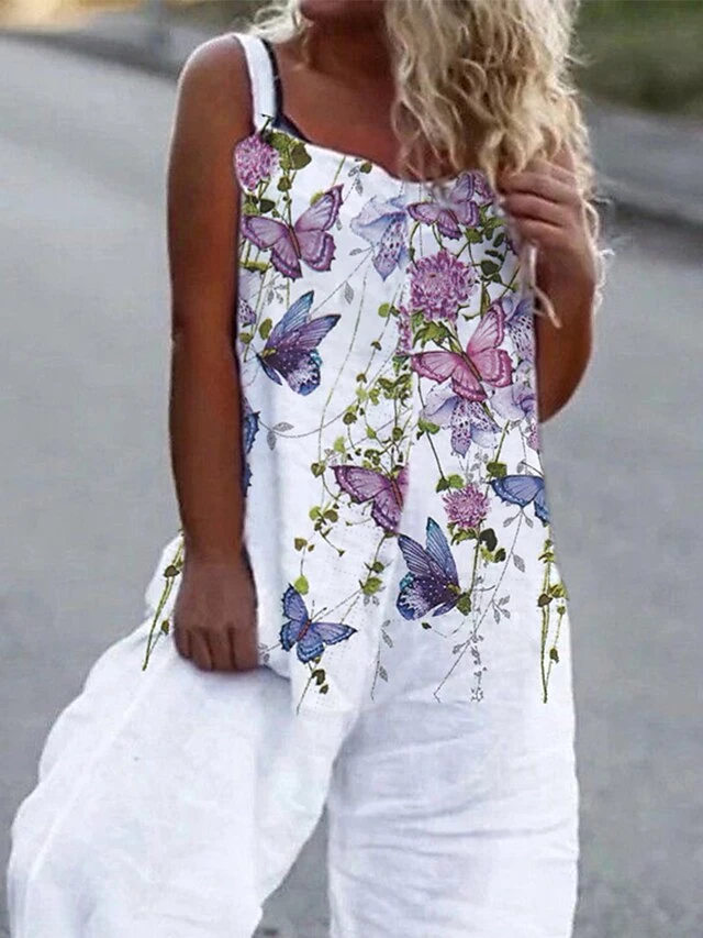 Women's Overall Button Pocket Floral U Neck Holiday Daily Vacation Straight Regular Fit Sleeveless Sleeveless White S M L Summer 3 Women's Overall Button Pocket Floral U Neck Holiday Daily Vacation Straight Regular Fit Sleeveless Sleeveless White S M L Summer - Image 3