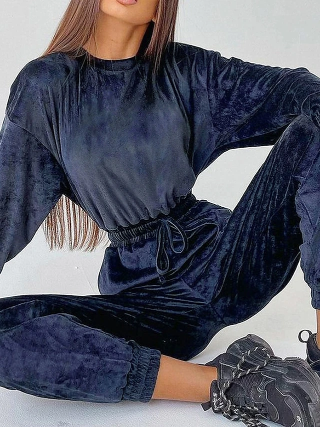 Women‘s Jumpsuit Pocket High Waist Velvet Solid Color Crew Neck Streetwear Street Daily Regular Fit Long Sleeve Blue Purple Khaki S M L Fall 2 Women‘s Jumpsuit Pocket High Waist Velvet Solid Color Crew Neck Streetwear Street Daily Regular Fit Long Sleeve Blue Purple Khaki S M L Fall - Image 2