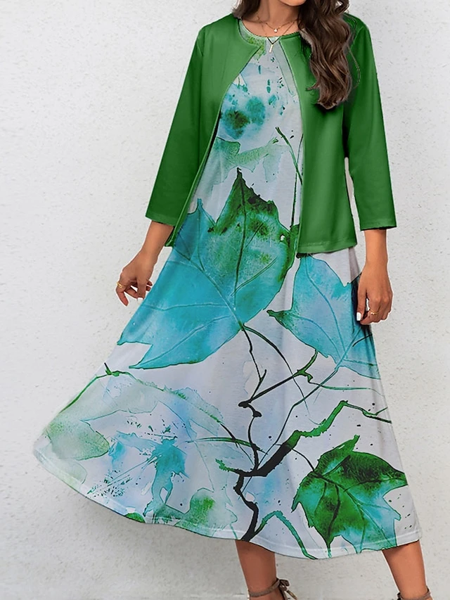 Women's Two Piece Dress Set Casual Dress Swing Dress Outdoor Office Fashion Streetwear Print Midi Dress Crew Neck 3/4 Length Sleeve Leaf Regular Fit Yellow Green Gray Fall Winter S M L XL XXL 6 Women's Two Piece Dress Set Casual Dress Swing Dress Outdoor Office Fashion Streetwear Print Midi Dress Crew Neck 3/4 Length Sleeve Leaf Regular Fit Yellow Green Gray Fall Winter S M L XL XXL - Image 6