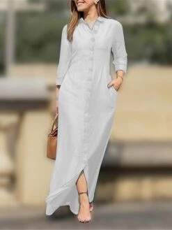 Women's Shirt Dress Casual Dress Maxi Long Dress Outdoor Daily Cotton Linen Basic Classic Shirt Collar Button Pocket Long Sleeve Summer Spring Fall 2023 Loose Fit Black White Green Pure Color S M L
