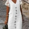 Women's Cotton Linen Dress Casual Dress Shift Dress Midi Dress Cotton Fashion Modern Outdoor Daily Vacation V Neck Lace Print Short Sleeve Summer Spring 2023 Regular Fit White Green Flower S M L XL