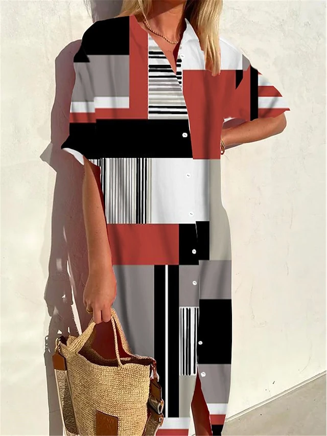 Women's Shirt Dress Casual Dress Midi Dress Outdoor Office Daily Polyester Fashion Modern Shirt Collar Button Print 3/4 Length Sleeve Summer Spring Fall 2023 Loose Fit Black White Yellow Geometric 3 Women's Shirt Dress Casual Dress Midi Dress Outdoor Office Daily Polyester Fashion Modern Shirt Collar Button Print 3/4 Length Sleeve Summer Spring Fall 2023 Loose Fit Black White Yellow Geometric - Image 3