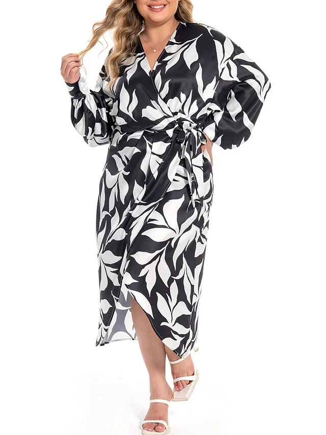 Women's Plus Size Curve Work Dress Satin Dress Wrap Dress Floral Midi Dress Long Sleeve Split V Neck Fashion Office Black Fall Winter L XL XXL 3XL 4XL 3 Women's Plus Size Curve Work Dress Satin Dress Wrap Dress Floral Midi Dress Long Sleeve Split V Neck Fashion Office Black Fall Winter L XL XXL 3XL 4XL - Image 3