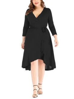 Women's Plus Size Curve Work Dress Black Dress A Line Dress Fashion Midi Dress Lace Up Asymmetrical V Neck 3/4 Length Sleeve Plain Loose Fit Black Blue Fall XL XXL 3XL 4XL 5XL -Cheap Plus Fit Dress Store spmkqc1693203429172