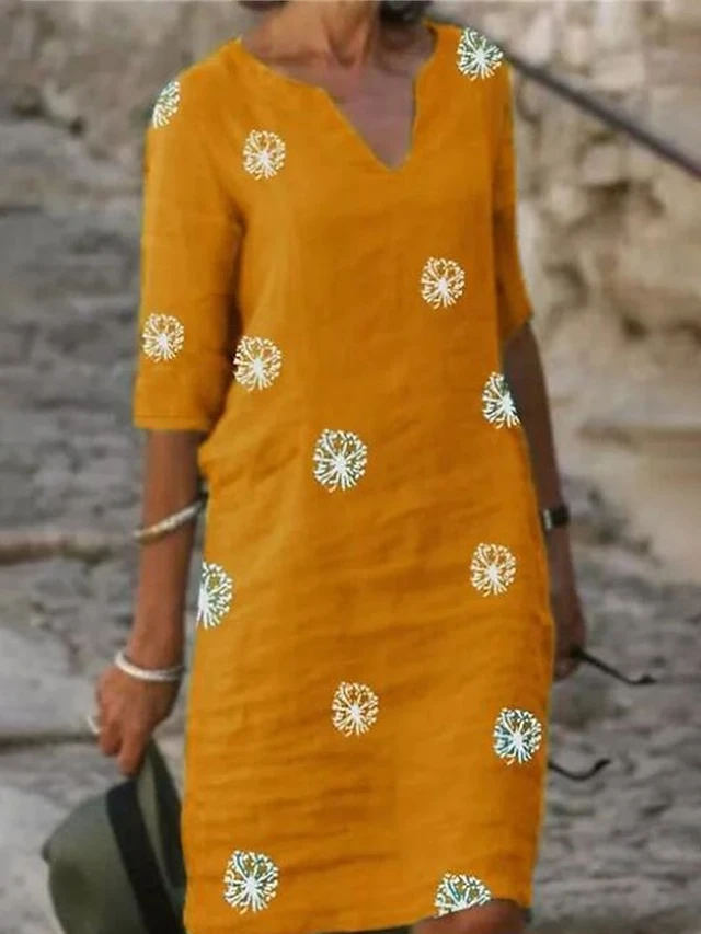 Women's Casual Dress Cotton Linen Dress Shift Dress Midi Dress Polyester Fashion Modern Outdoor Daily Vacation V Neck Print 3/4 Length Sleeve Summer Spring 2023 Loose Fit Yellow Red Green Flower S M 3 Women's Casual Dress Cotton Linen Dress Shift Dress Midi Dress Polyester Fashion Modern Outdoor Daily Vacation V Neck Print 3/4 Length Sleeve Summer Spring 2023 Loose Fit Yellow Red Green Flower S M - Image 3