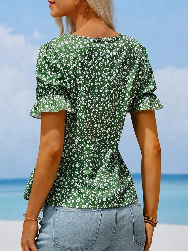 Women's Shirt Blouse Black Red Royal Blue Floral Button Print Short Sleeve Holiday Casual V Neck Regular Fit Floral Puff Sleeve 3 Women's Shirt Blouse Black Red Royal Blue Floral Button Print Short Sleeve Holiday Casual V Neck Regular Fit Floral Puff Sleeve - Image 3