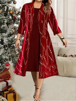 Women's Plus Size Two Piece Dress Set Velvet Dress Party Dress Party Christmas Fashion Elegant Lace Patchwork Midi Dress Crew Neck 3/4 Length Sleeve Geometric Regular Fit Wine Fall Winter L XL XXL
