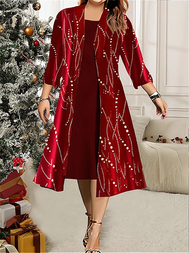 Women's Plus Size Two Piece Dress Set Velvet Dress Party Dress Party Christmas Fashion Elegant Lace Patchwork Midi Dress Crew Neck 3/4 Length Sleeve Geometric Regular Fit Wine Fall Winter L XL XXL 1 Women's Plus Size Two Piece Dress Set Velvet Dress Party Dress Party Christmas Fashion Elegant Lace Patchwork Midi Dress Crew Neck 3/4 Length Sleeve Geometric Regular Fit Wine Fall Winter L XL XXL