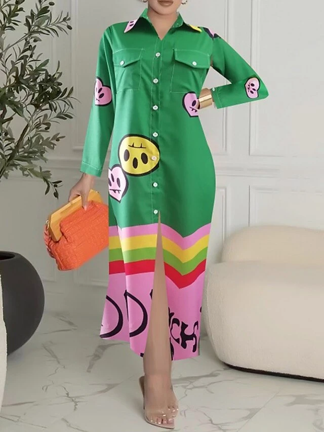 Women's Shirt Dress Casual Dress Maxi Long Dress Outdoor Daily Date Polyester Fashion Hot Shirt Collar Button Pocket Long Sleeve Summer Spring Fall 2023 Regular Fit Black White Yellow Geometric Color 2 Women's Shirt Dress Casual Dress Maxi Long Dress Outdoor Daily Date Polyester Fashion Hot Shirt Collar Button Pocket Long Sleeve Summer Spring Fall 2023 Regular Fit Black White Yellow Geometric Color - Image 2