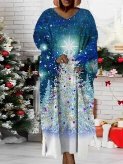 Women‘s Plus Size Christmas Dress Santa Claus V Neck Long Sleeve Winter Fall Modern Maxi Long Dress Daily Dress -Cheap Plus Fit Dress Store sqnbwo1668158227595