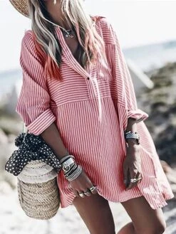 Women's Shirt Dress Casual Dress Mini Dress Outdoor Daily Vacation Polyester Fashion Modern Shirt Collar Button Pocket 3/4 Length Sleeve Spring Fall Winter 2023 Loose Fit Red Blue Striped S M L XL XXL