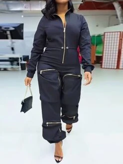 Women's Jumpsuit Zipper Pocket Solid Color Shirt Collar Streetwear Street Daily Regular Fit Sleeveless Black White S M L Fall